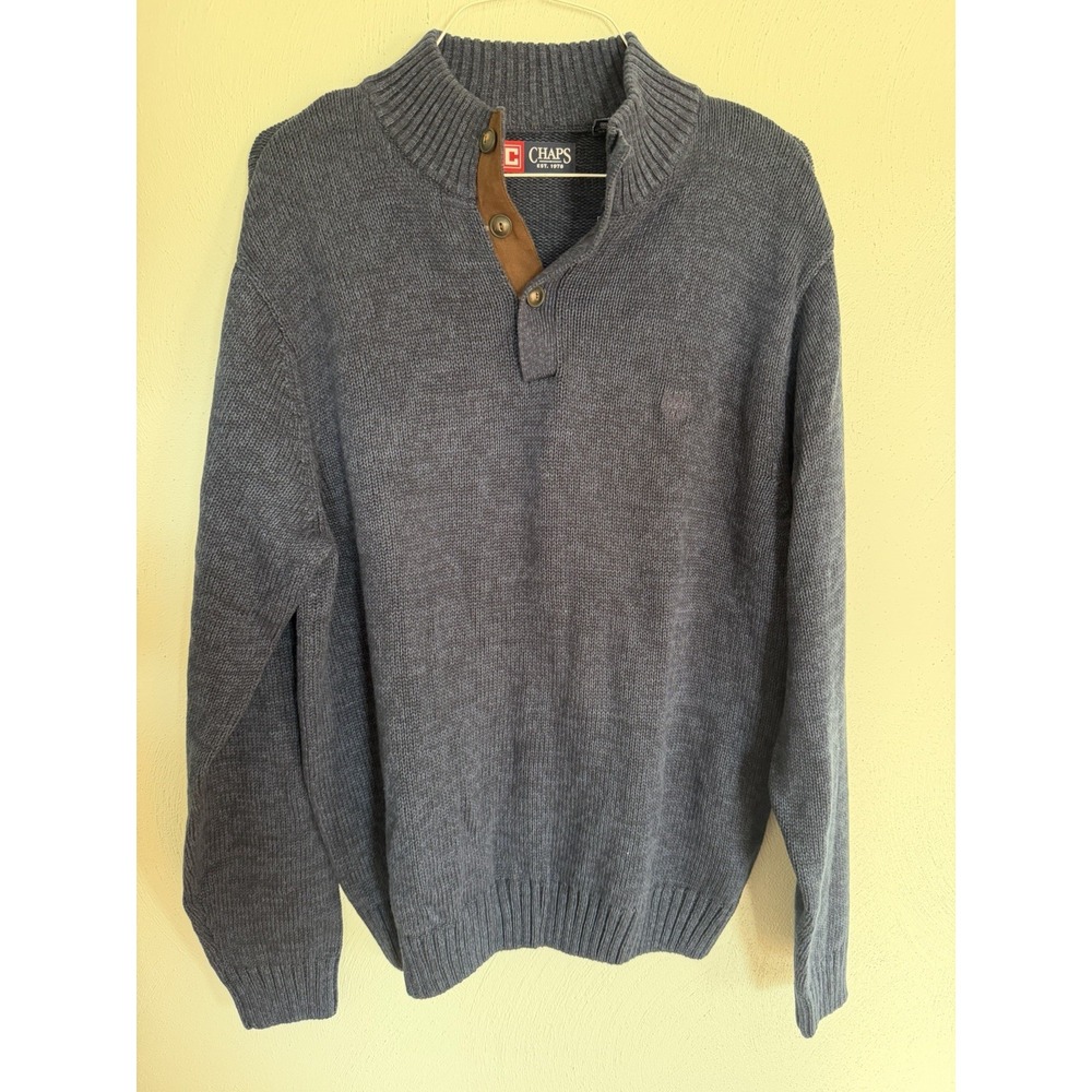 Chaps leather-trimmed button placket collared pullover sweater Sz XL